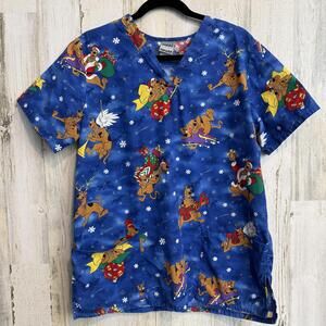 SOLD Scooby-Doo Themed Blue Christmas Scrub Top Women's Size Medium Holiday